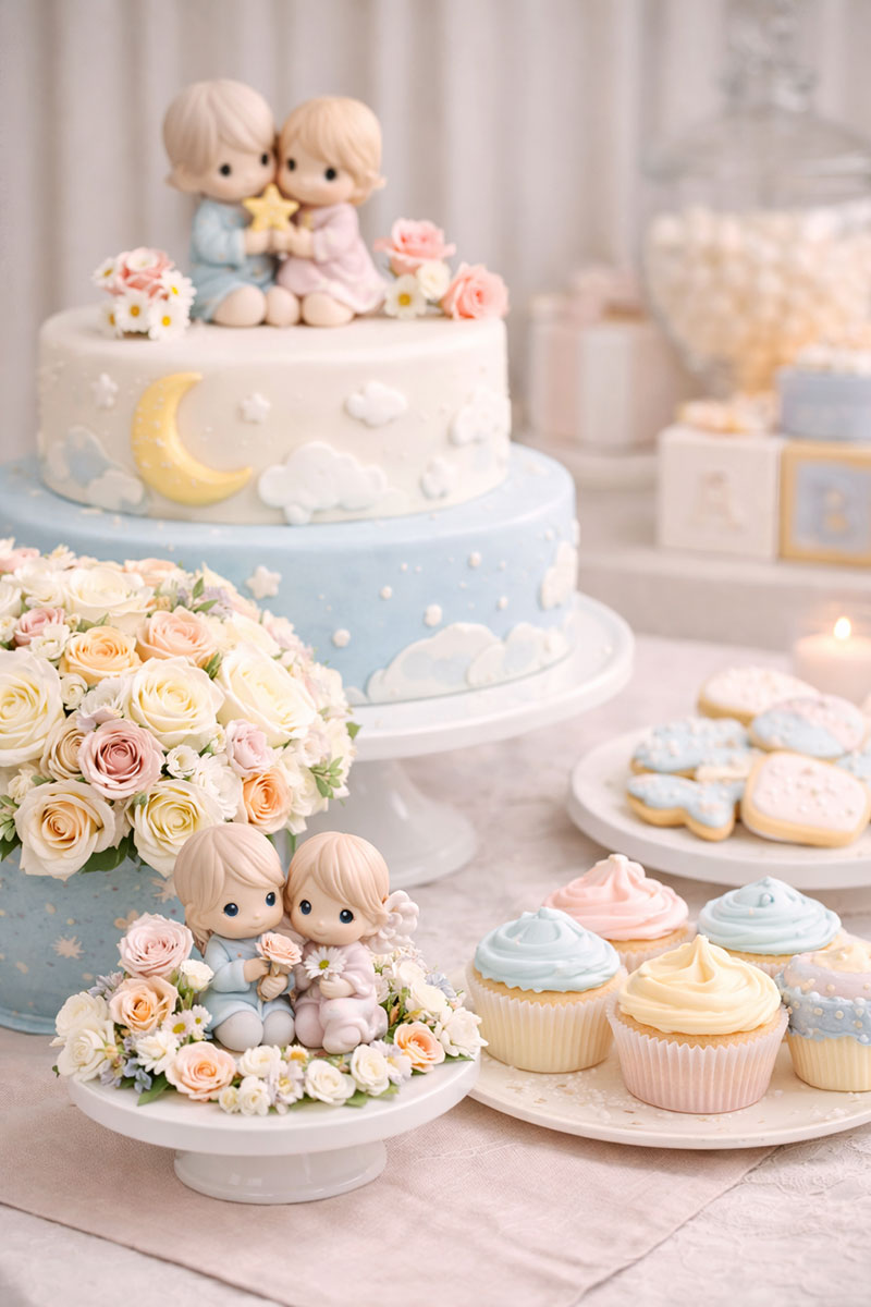 soft pastel color palette for Precious Moments baby shower with blush blue mint and cream tones