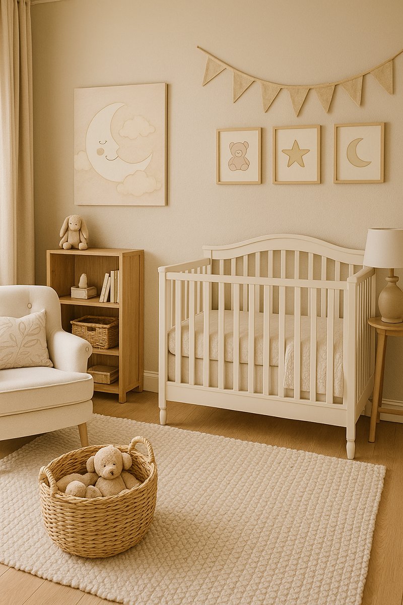 Pregnant mom looking over soft neutral baby nursery decor for inspiration