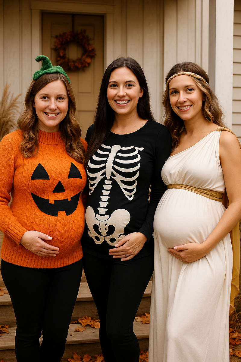 Three pregnant moms in cozy Halloween costumes—a pumpkin in orange knit, a skeleton maternity tee, and a white goddess gown—posing on a farmhouse porch surrounded by pumpkins and golden fall leaves