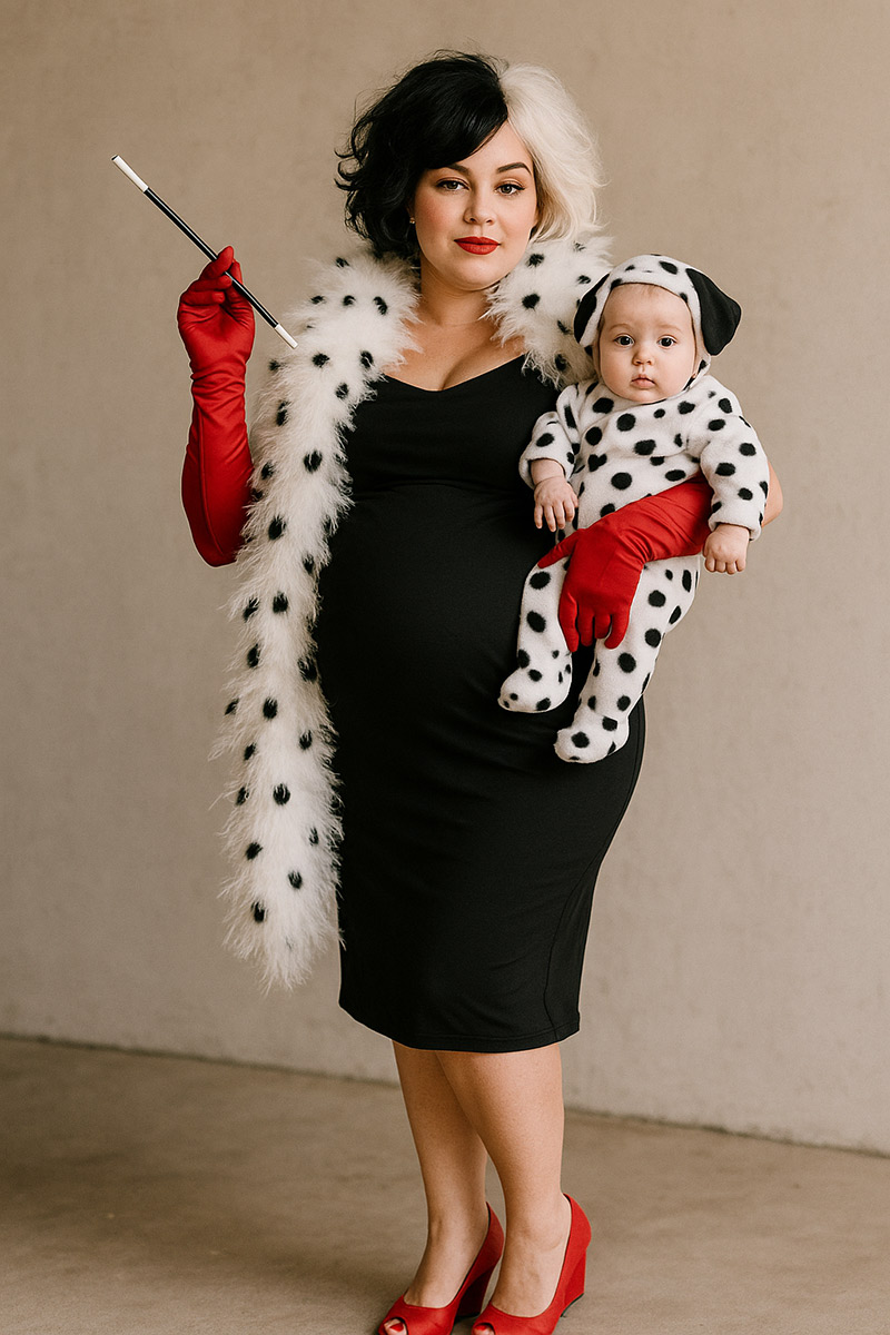 Pregnant woman dressed as Cruella de Vil wearing a black and white wig, red gloves, Dalmatian feather boa, and holding a baby in a Dalmatian puppy costume