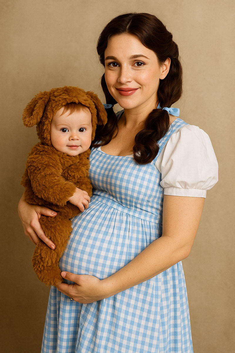 Pregnant brunette dressed as Dorothy from The Wizard of Oz holding a baby in a puppy costume