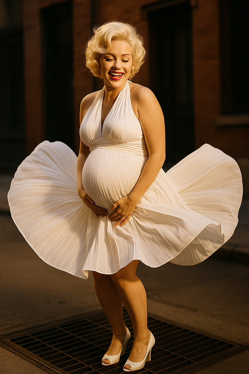 Pregnant woman styled as Marilyn Monroe wearing the classic white halter dress, red lipstick, and soft curls