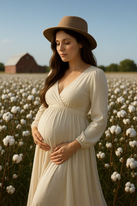 Serene pregnant woman in a flowing cream maternity dress standing in a bright cotton field with a rustic red barn in the distance under soft daylight