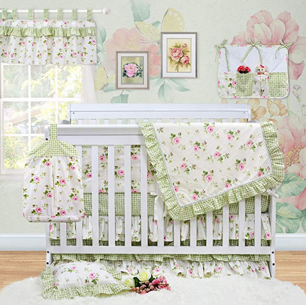 Feminine green baby girl nursery decorated using gingham checked fabric with pink roses