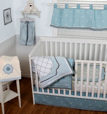 Baby blue and white prince themed nursery design with crown crib bedding set