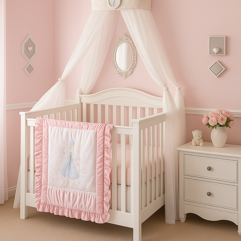 White baby crib with pink bedding and canopy in a soft pink nursery with vintage white furniture and warm natural light.