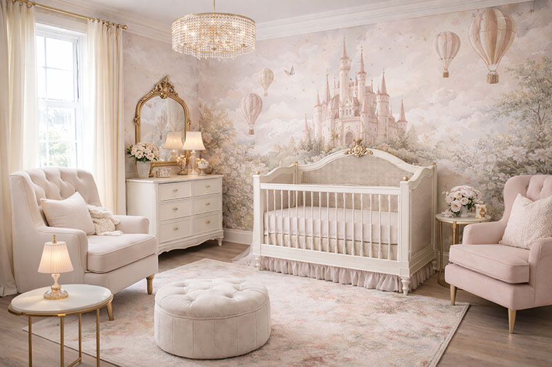Elegant princess baby girl nursery with soft blush tones, classic crib, feminine decor, and refined fairy-tale styling