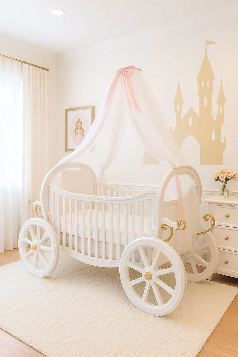 Elegant white princess carriage baby crib with gold accents in a softly lit pink and cream nursery.
