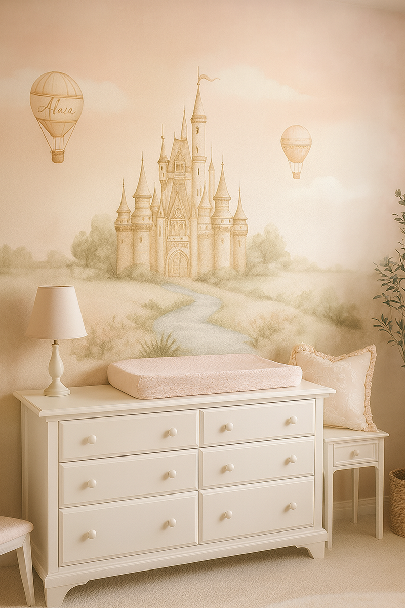 Soft pastel princess castle nursery mural with hot air balloons and elegant white dresser