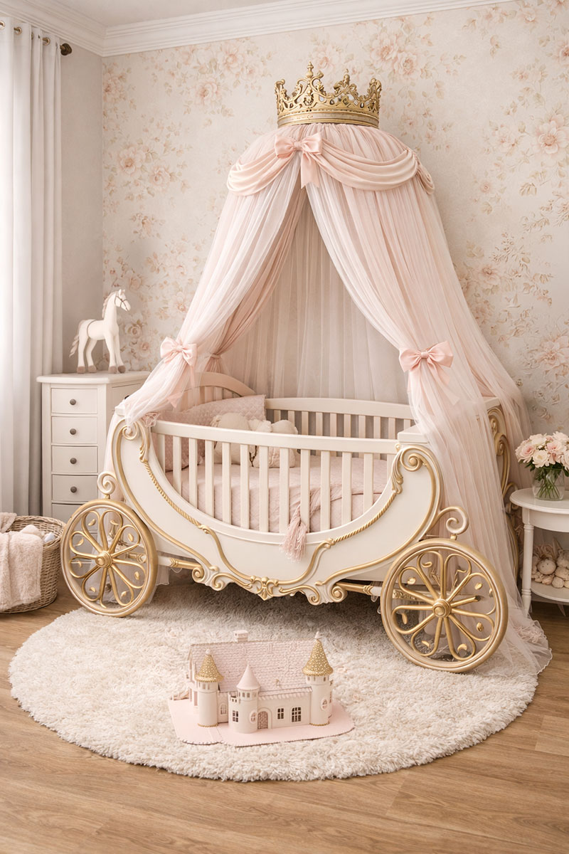 Disney Princess carriage crib with a decorative canopy in a themed nursery