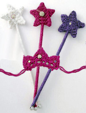 Adjustable crocheted jeweled princess crowns and magic wands with free crochet pattern