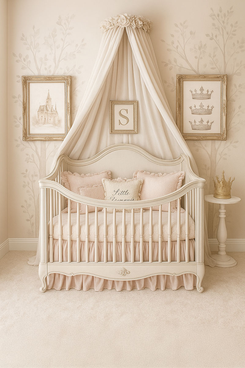 Elegant princess nursery with ornate crib, canopy, blush pillows and soft floral wall mural