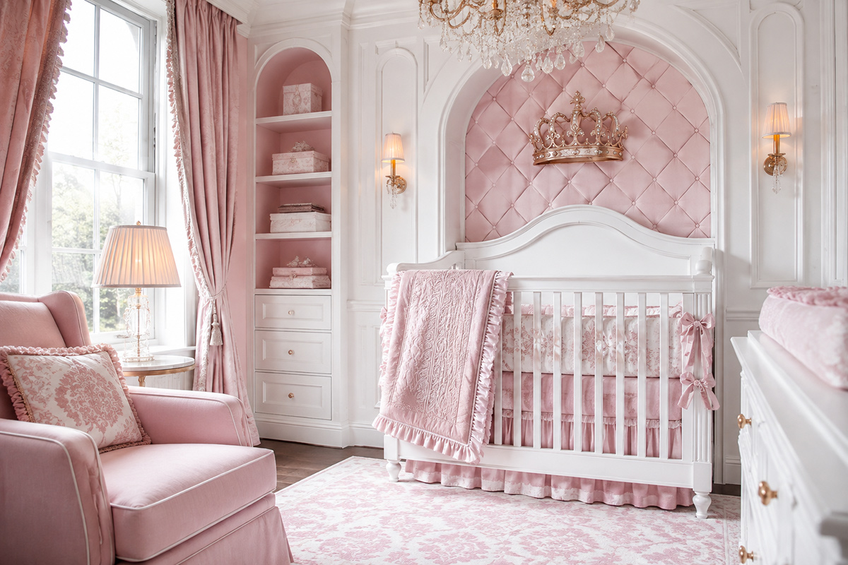 Elegant princess nursery ideas for a baby girl with pink and white decor crown accents a white crib and sophisticated castle inspired details