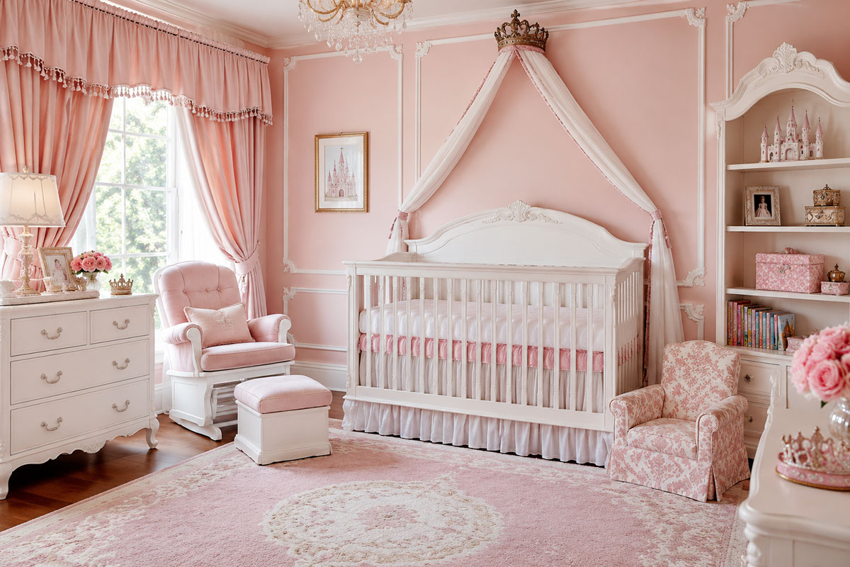 Princess nursery decor with framed crown artwork a castle wall detail pink curtains white nursery furniture and elegant baby girl accessories
