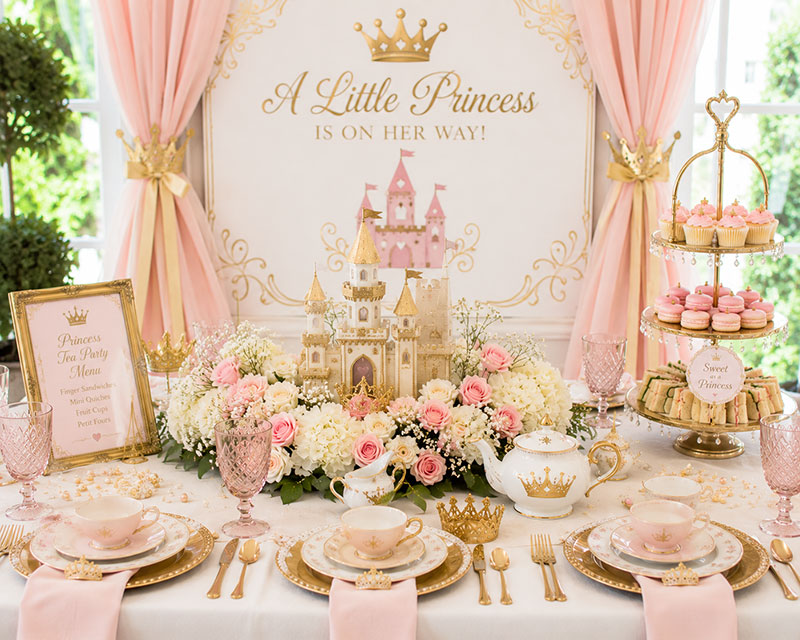 Princess tea party decorations for a baby shower with elegant serving pieces and coordinated table styling