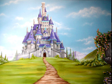Baby nursery wall mural featuring a fairytale princess castle surrounded with flowers and greenery