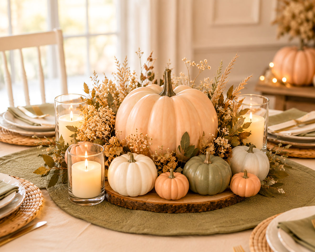 Pumpkin baby shower centerpiece with layered pumpkins, candlelight and coordinated table styling
