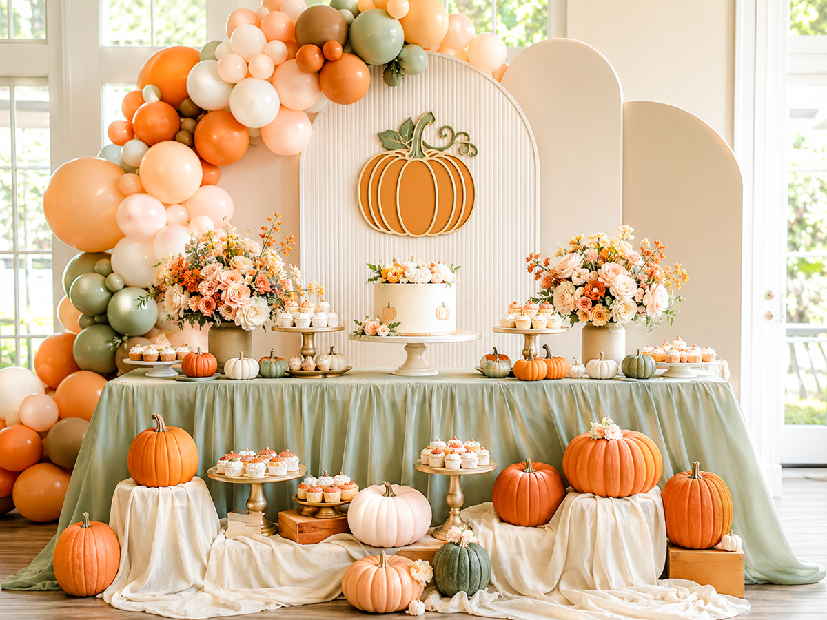 Elegant pumpkin baby shower decorations with mini pumpkins for a little pumpkin fall theme