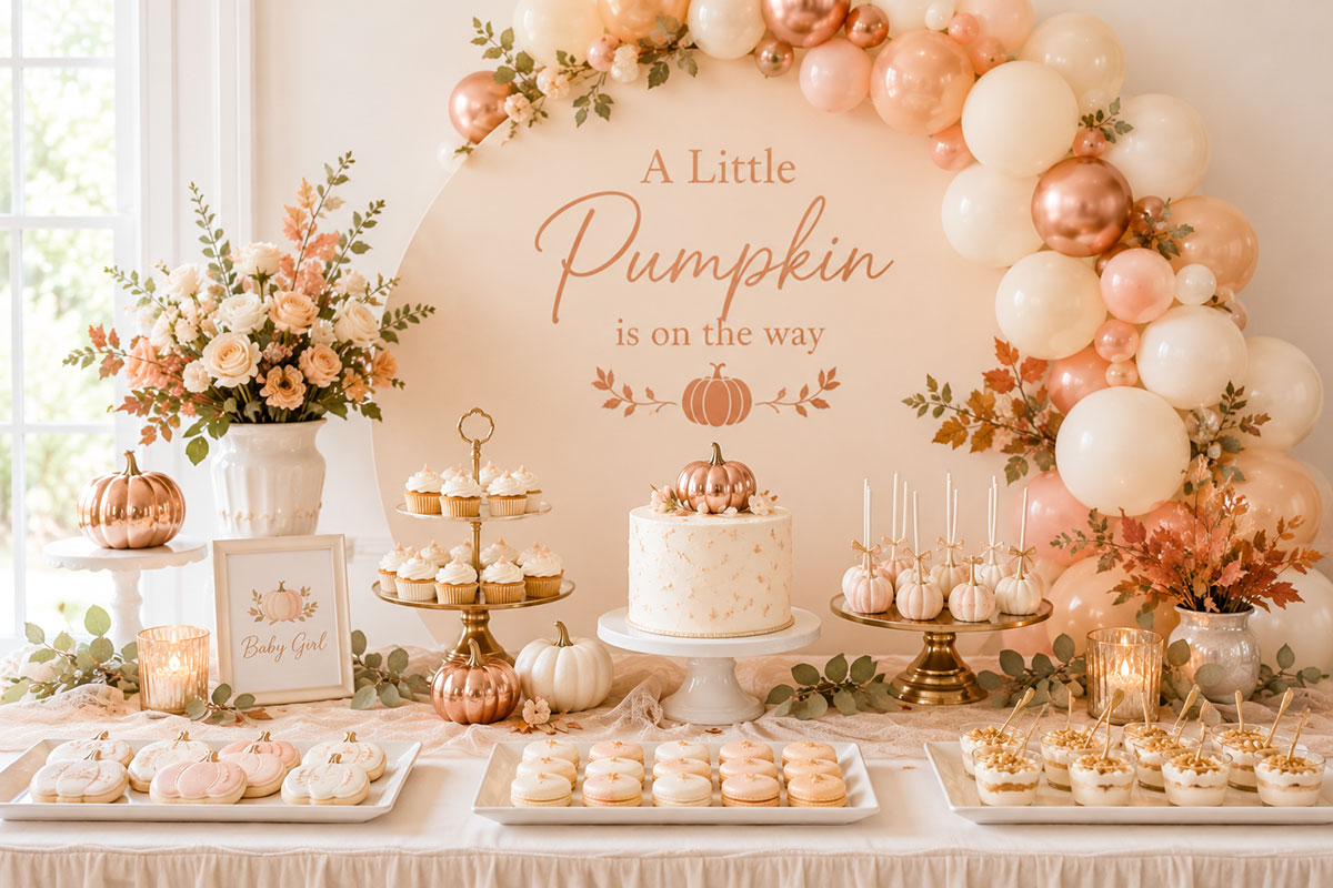 Little Pumpkin baby shower dessert table with cake, cupcakes, cookies, peach balloons and copper pumpkin decorations