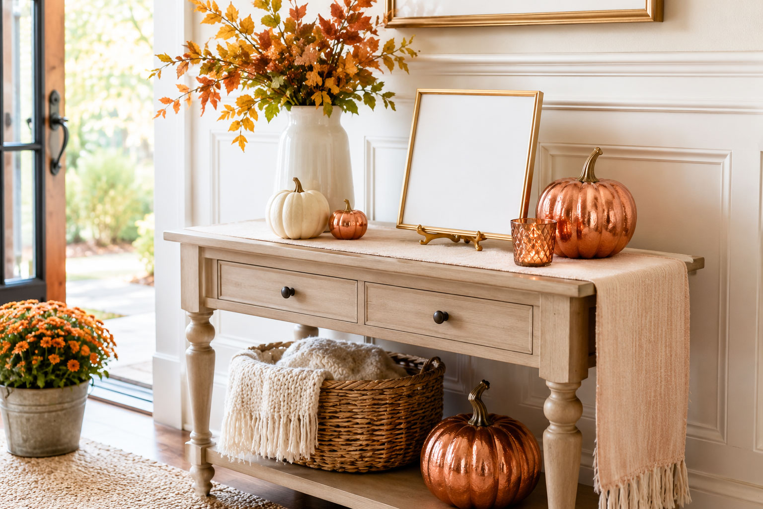 Baby shower entry console decorated with white and copper pumpkins, autumn branches and a framed welcome display