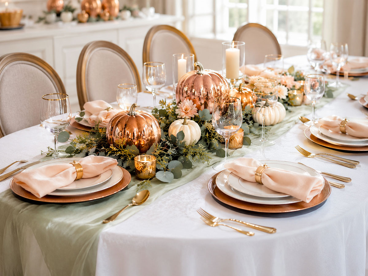 Pumpkin baby shower table with copper pumpkins, sage runner, blush napkins, candles and low seasonal decorations