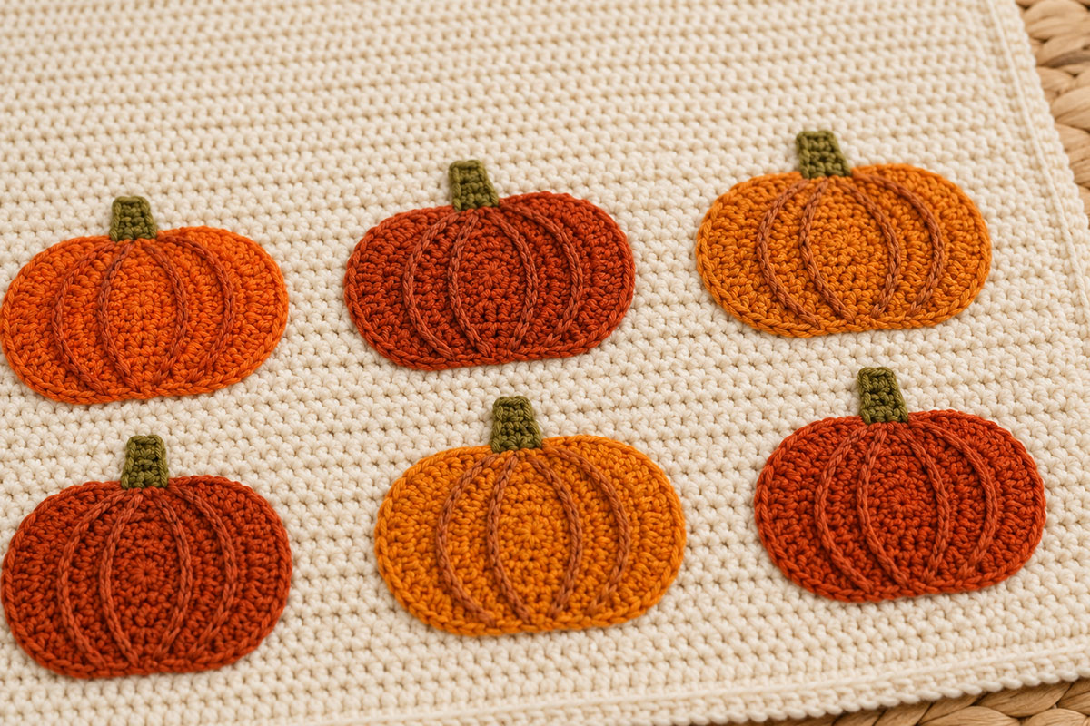 Close view of flat orange crochet pumpkin appliqués securely sewn to a textured cream baby blanket