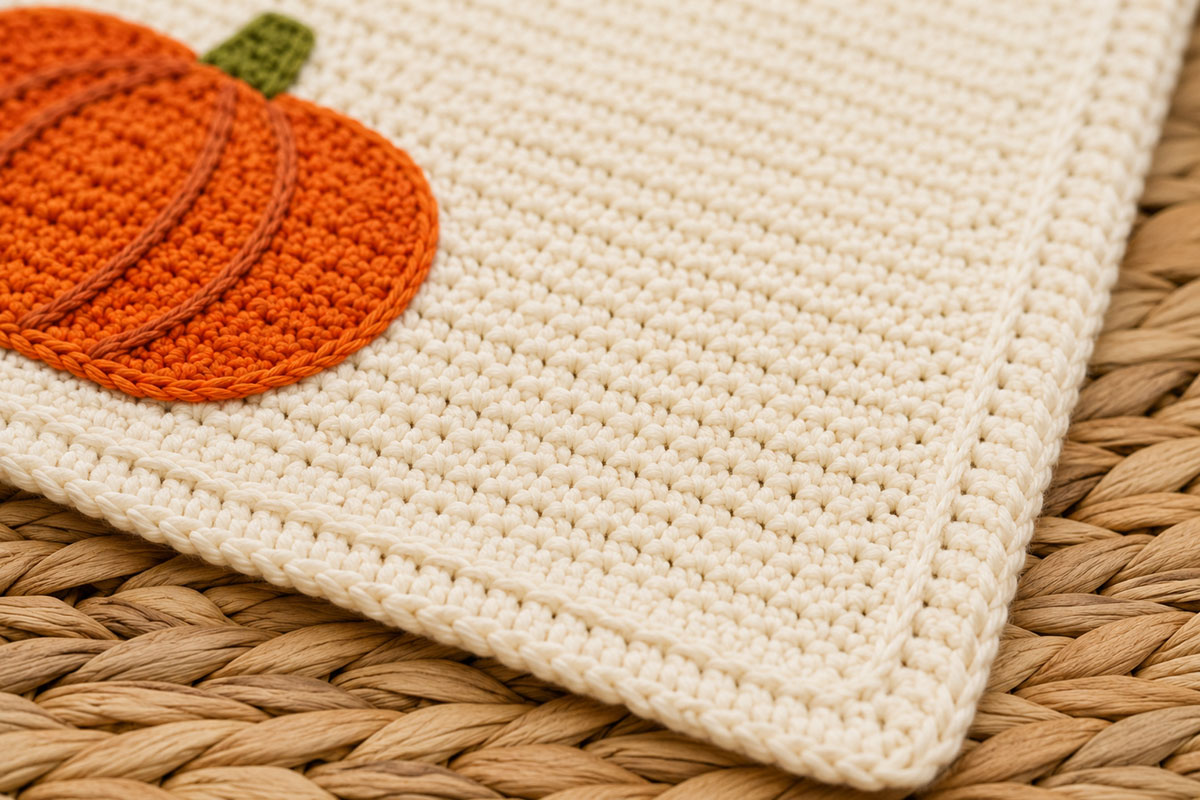 Angled close view of the neat single crochet border around a textured cream pumpkin baby blanket