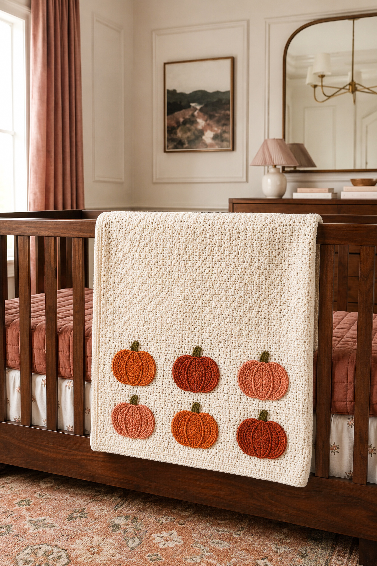 Pumpkin crochet blanket pattern for babies with flat orange pumpkin appliqués on a soft cream fall blanket