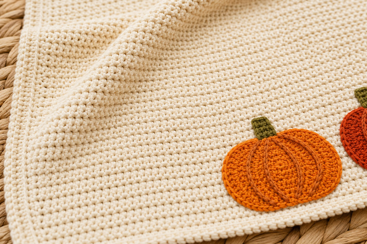 Overhead close-up of the alternating single crochet and double crochet texture used for a cream pumpkin baby blanket