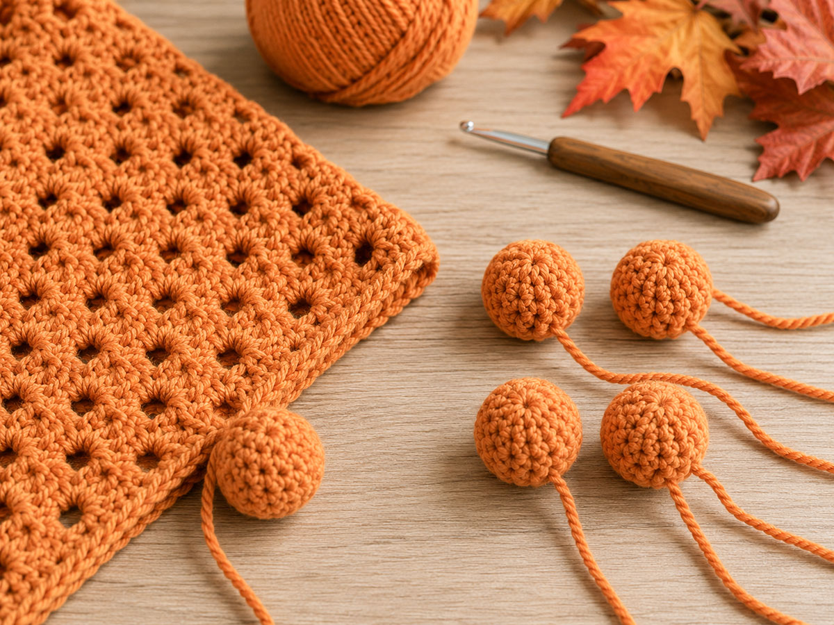 Crocheted pumpkin-orange corner balls beside the granny-square lovey blanket before attachment
