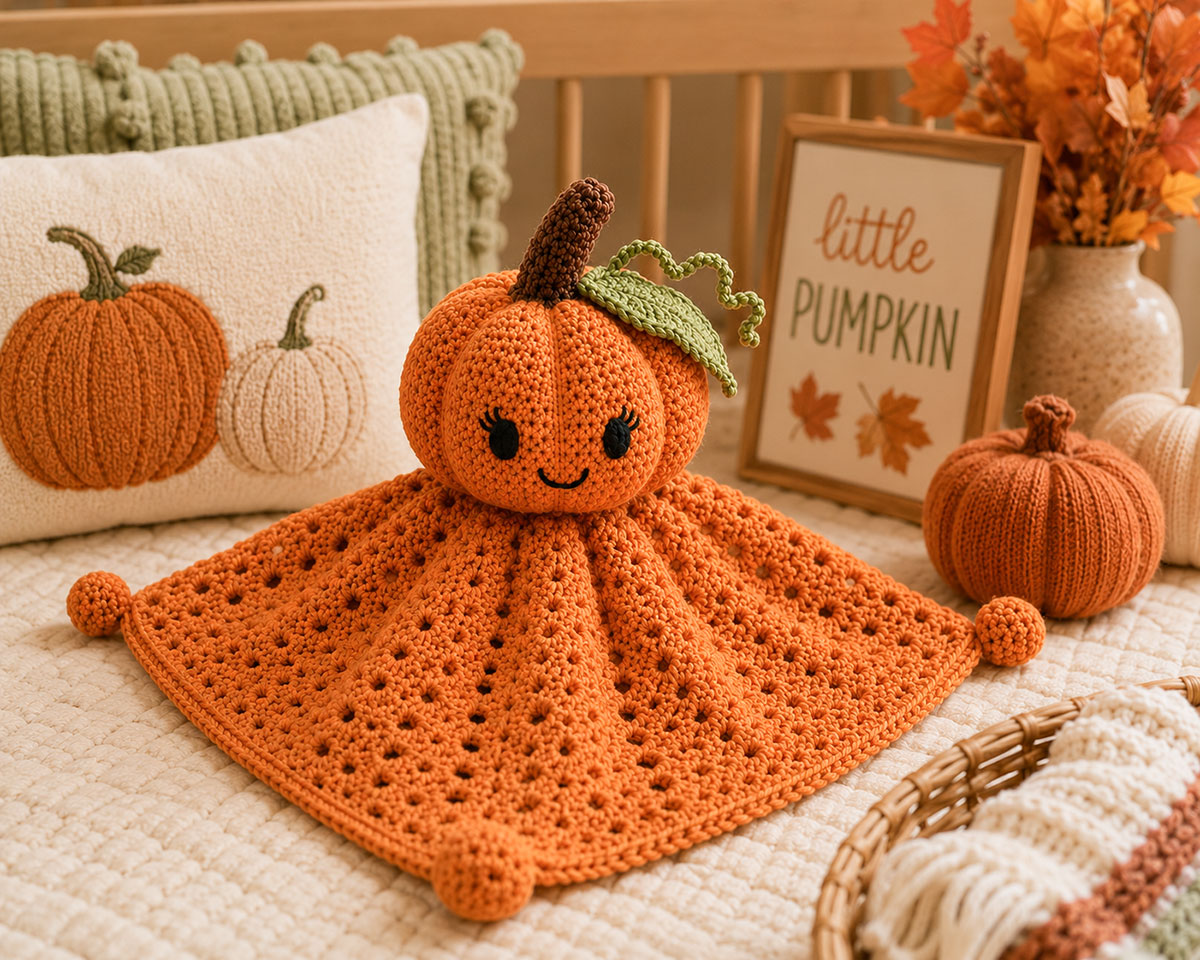 Finished crochet pumpkin lovey displayed in a warm fall nursery with pumpkin orange and sage-green accents