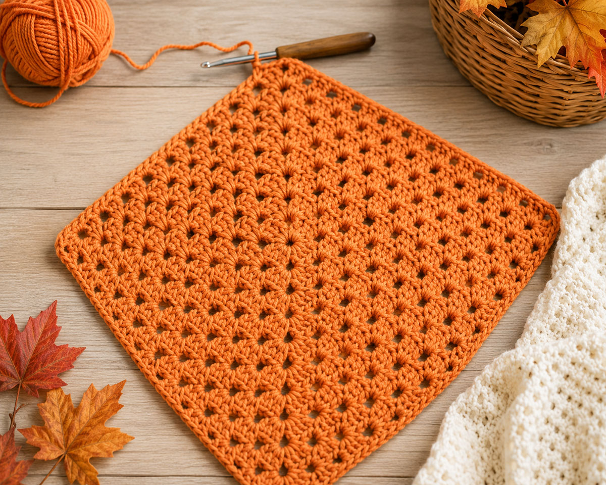 Pumpkin-orange granny-square lovey blanket in progress with small close crochet clusters and soft natural drape