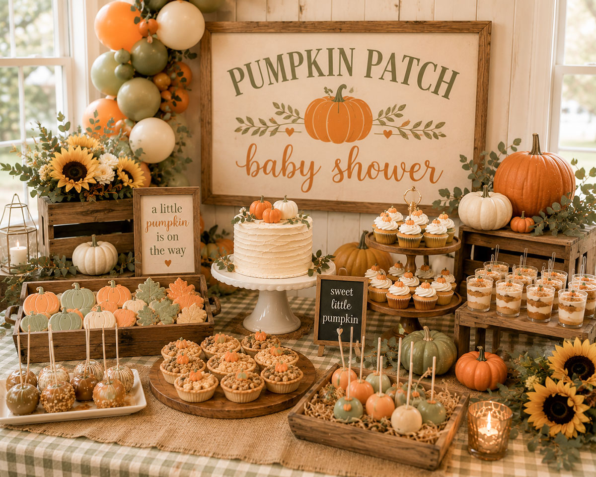 Outdoor Little Pumpkin baby shower at a pumpkin patch with coordinated guest tables and harvest decorations