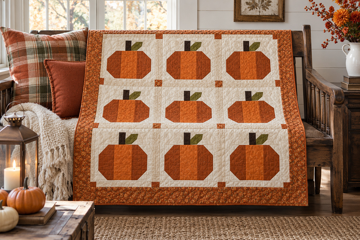Nine-block pieced patchwork pumpkin quilt in rust, copper, olive and ivory fabrics displayed in a rustic farmhouse room