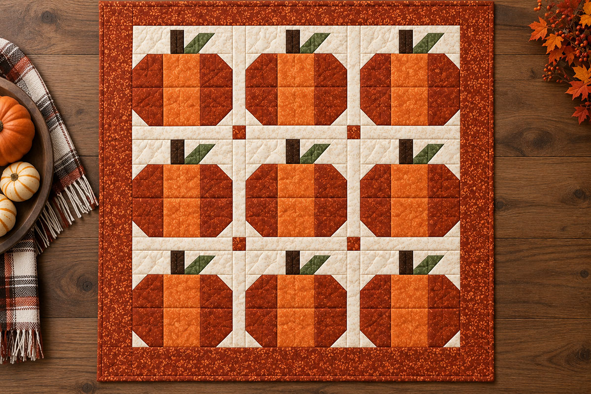 Three by three pumpkin quilt layout with ivory sashing between nine pieced patchwork pumpkin blocks and four rust cornerstones