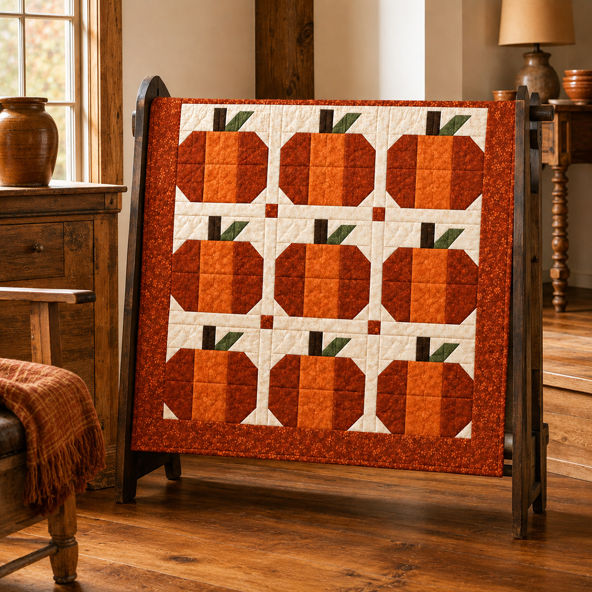 Finished nine-block pumpkin quilt with rust and copper pieced patchwork pumpkins, ivory sashing and a coordinating outer border