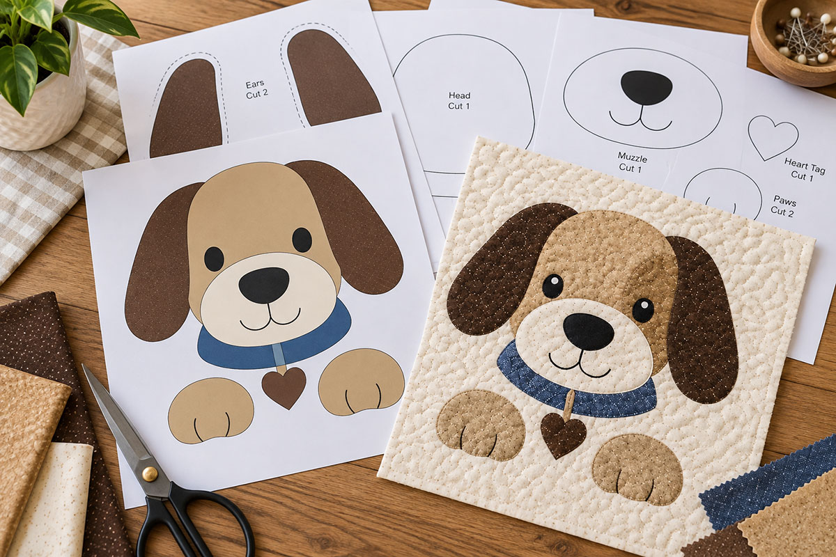free printable puppy dog applique template with full-size pattern pieces