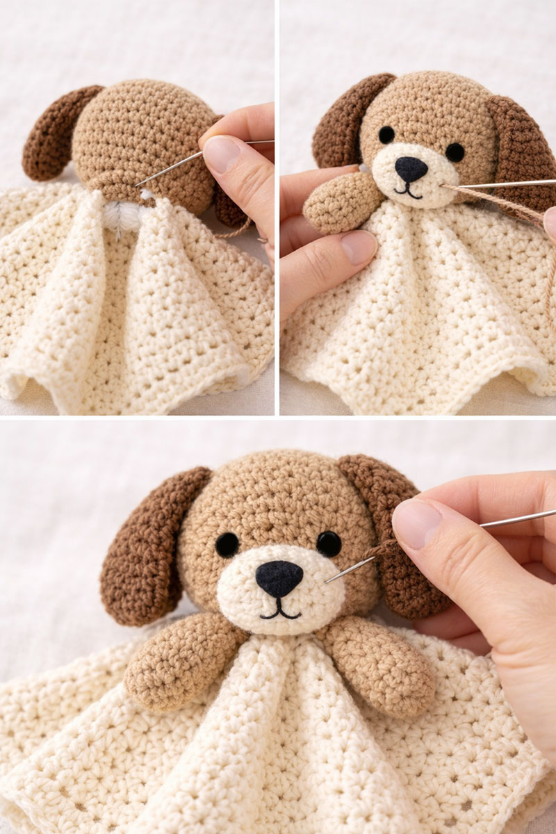 Editorial closeup of finishing details on a crochet puppy lovey including embroidered face and stitched neck join