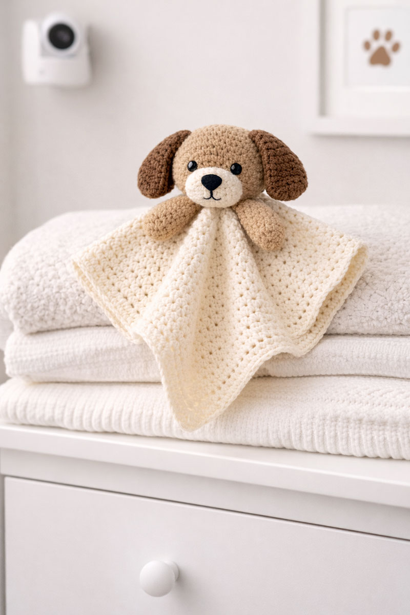 Modern nursery styling with a crochet puppy lovey folded on a chair beside coordinated puppy themed decor