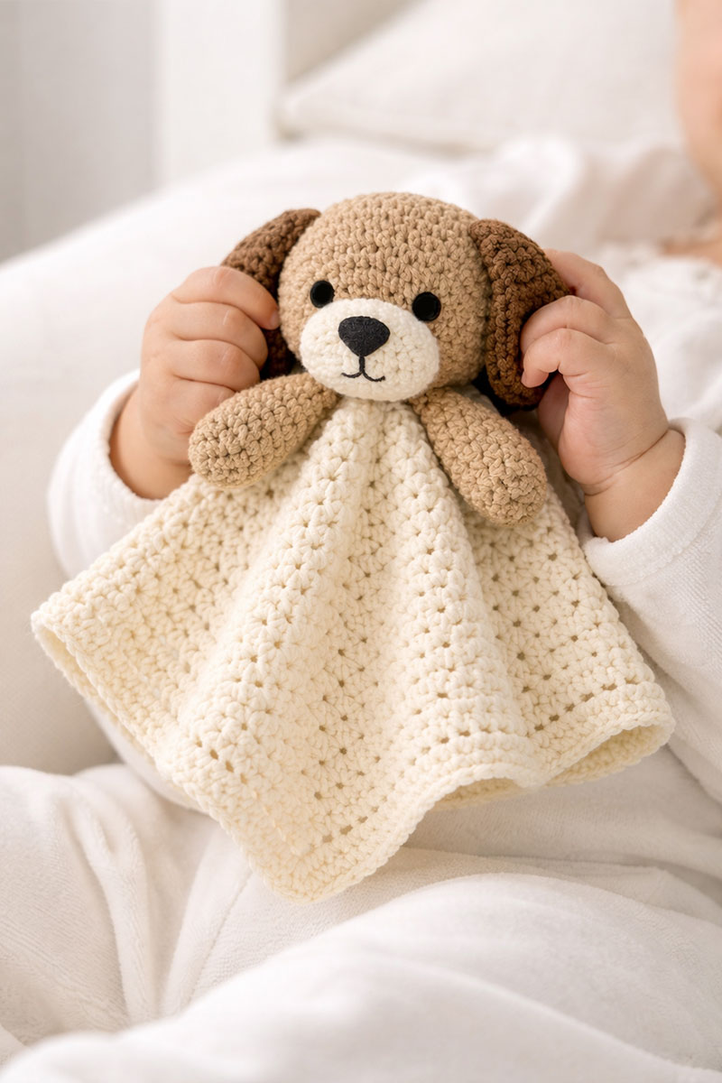 Crochet puppy lovey pattern with floppy ears and a soft draped security blanket base