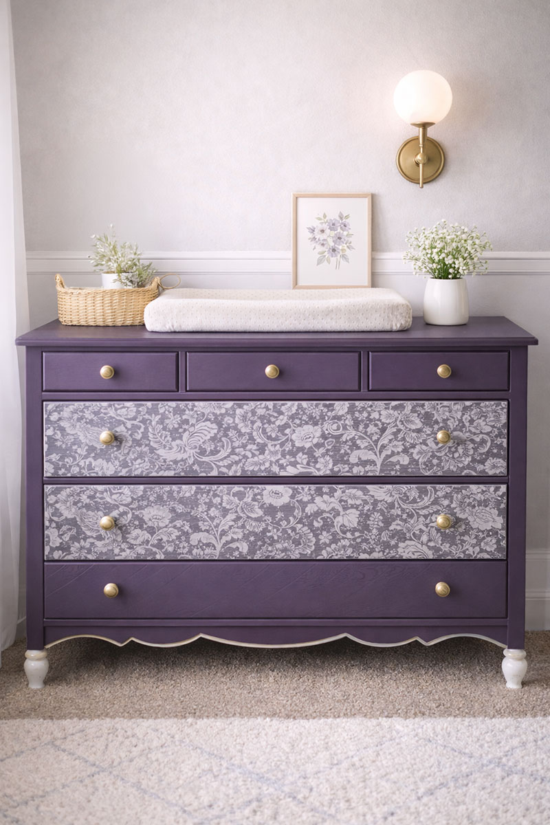 Reclaimed purple black and white painted baby dresser nursery changing table