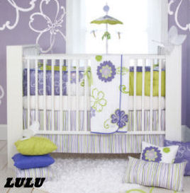 Lavender and purple nursery decorated with touches of lime green for a baby girl
