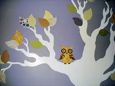 Nursery tree wall mural with owl fabric cut outs on the branches