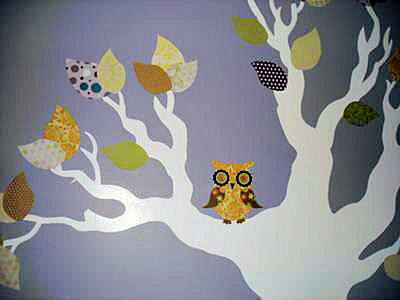 Nursery tree wall mural with owl fabric cut outs on the branches
