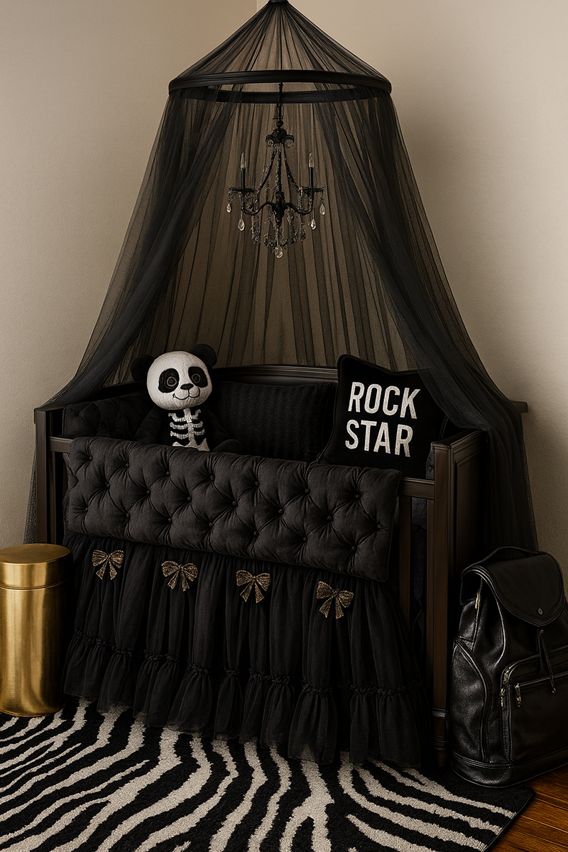 Purple and black punk rock baby crib bedding set for a baby girl