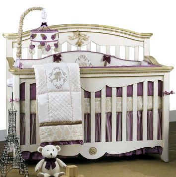 Purple lavender French Parisian angel theme baby girl nursery ideas crib bedding set