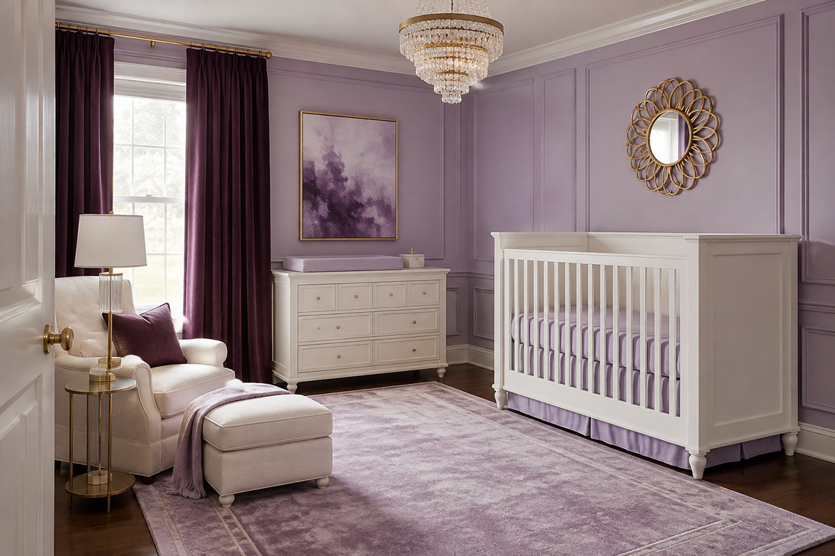 Purple nursery ideas with lavender walls, white crib, plum accents and modern baby girl room decor