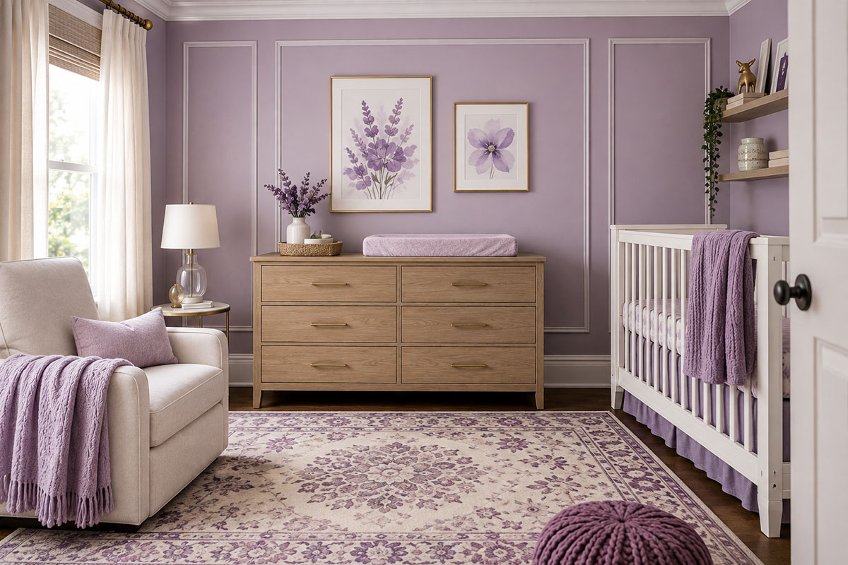 Purple nursery wall ideas showing a dusty lavender feature wall with white molding beside a natural wood dresser and simple framed artwork