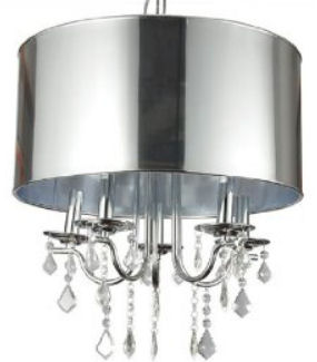 Hanging nursery ceiling chandelier light fixture with a metallic silver drum shade and crystals