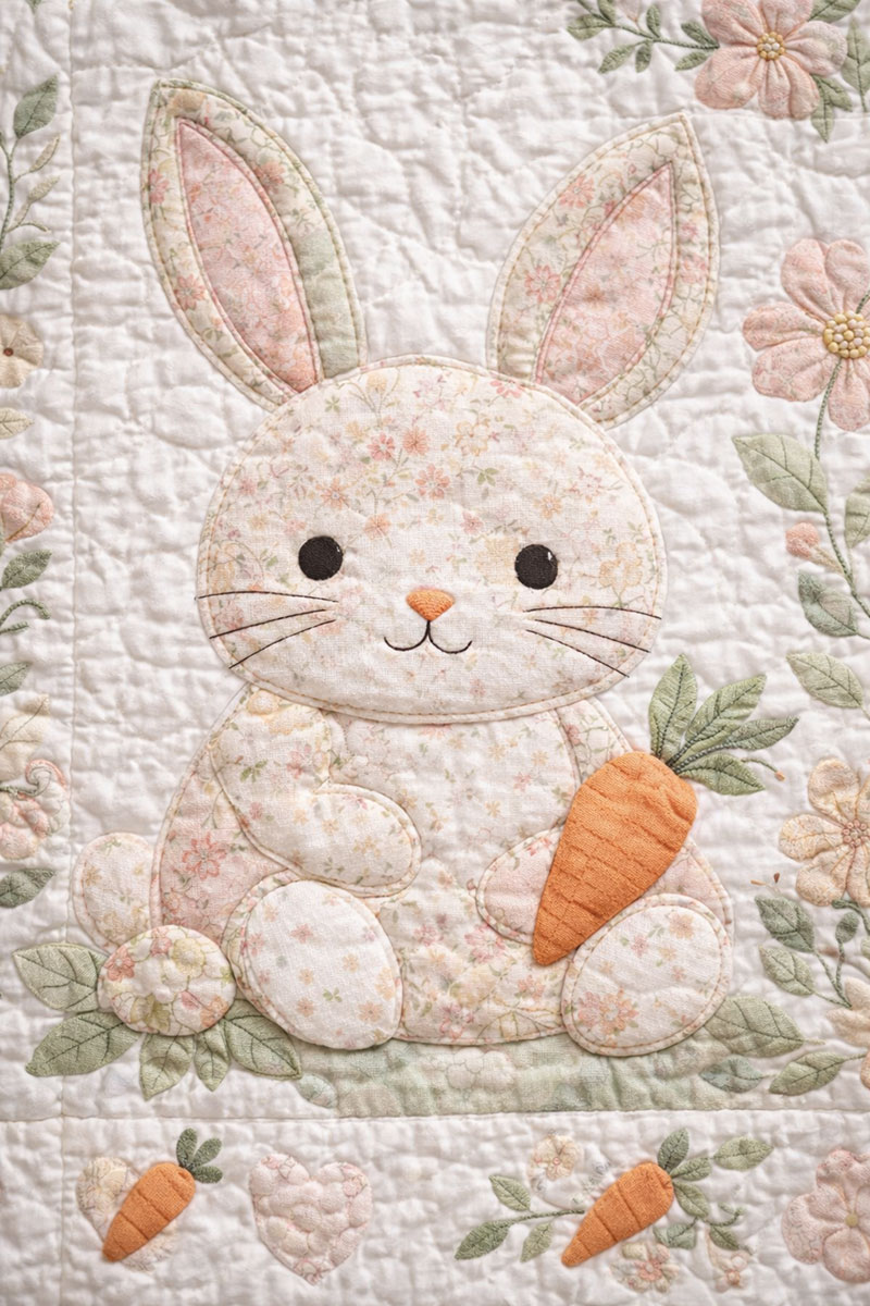 Quilted bunny pattern close up with blush and sage floral accents and stitched rabbit silhouette